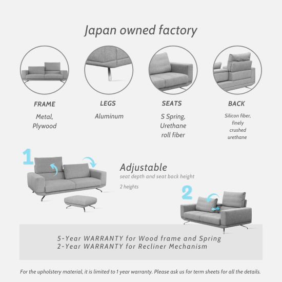 Aston Recliner Sofa, 210, Grey (with ottoman) [In-Stock x2]